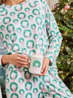 Mary Square Women’s Pink & Green Wreath Pajama Set -2025 Christmas collection